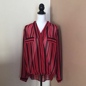 Nwt Bisou Bisou sheer red & black striped blouse